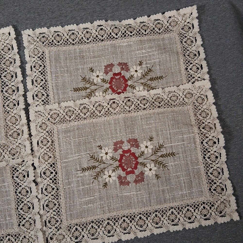 Uebelhor Floral Embroidered Linen Crochet Lace Placemats Set of 4 Grandma Core